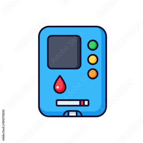 A blue cartoon-style glucometer icon for diabetes testing with a blood drop, test strip, and colorful buttons.