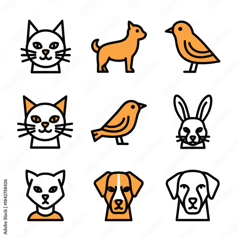 Fototapeta premium A collection of stylized pet icons featuring cats, dogs, birds, and a rabbit, designed with simple black line art and orange color fills.