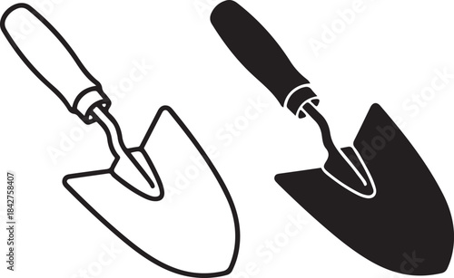 Black and white line of two kitchen utensils with handles and blades whisk spatula