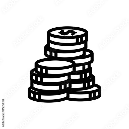 A bold black line art icon of three uneven stacks of coins, with a dollar sign visible on the top coin.