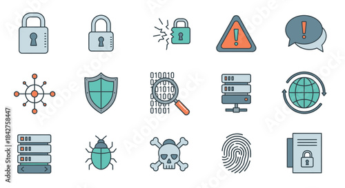 A diverse set of colorful line art icons representing cybersecurity and data protection concepts.