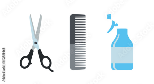 A flat vector icon set of professional hairdressing tools, including scissors, a comb, and a blue spray bottle.