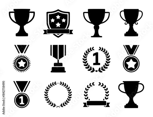 Monochrome Trophy Medal Shield and Laurel Wreath Collection trophies medals