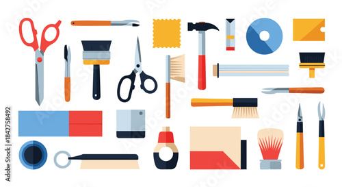 A diverse assortment of tools for various crafts, repairs, and professional work, laid out on a clean white background.