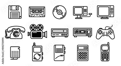 A collection of retro technology and vintage electronics icons drawn in a bold black and white line art style.