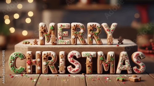 Merry Christmas wooden cookie text with icing sprinkles and gingerbread details