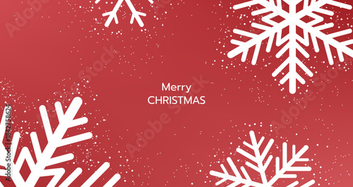 A cheerful "Merry Christmas" greeting on a vibrant red or blue background, framed by stylized white snowflakes and falling snow. Perfect for holiday banners, cards, and winter season media.