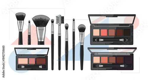 A diverse assortment of professional makeup brushes and eyeshadow palettes featuring an array of warm and cool tone shades, perfect for cosmetic applications.