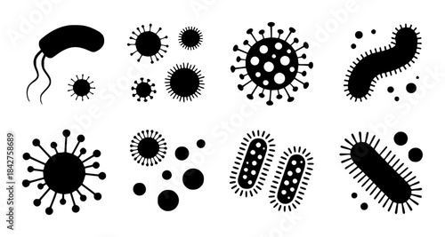 Varied virus and bacteria black silhouettes white microbes pathogens