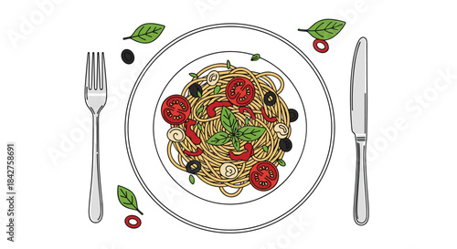 Overhead view of a delicious plate of spaghetti pasta with tomatoes, olives, mushrooms, and basil, served with a fork and knife.