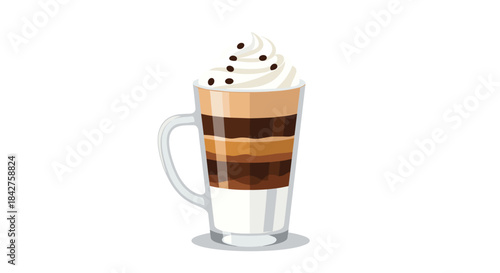Delicious multi-layered coffee drink in a transparent glass mug, featuring milk, various coffee shades, and whipped cream topping with sprinkles.