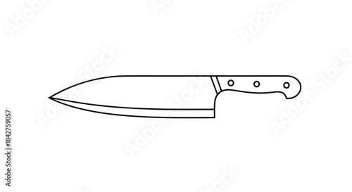 A minimalist line art illustration of a classic chef's knife, essential for culinary tasks and food preparation in a kitchen setting.