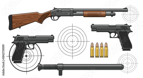 Illustrative collection of firearms including a shotgun and pistols, accompanied by ammunition, a police baton, and various shooting targets.