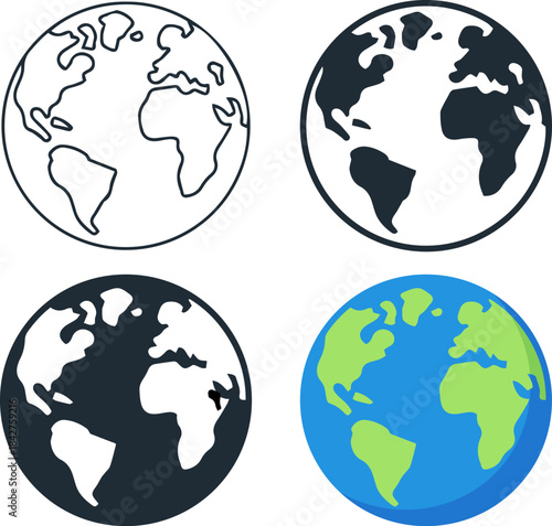 earth globe icon set in outline, filled, and color styles — flat minimal vector design