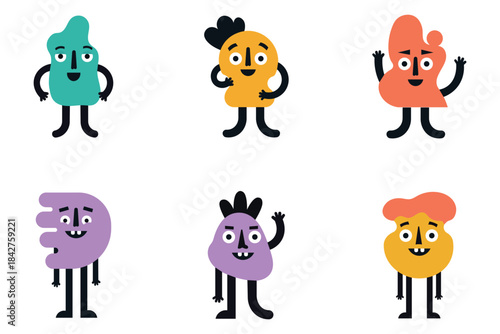 Set of cute abstract cartoon characters, funny colorful geometric mascots with happy faces, vector illustration isolated on white background