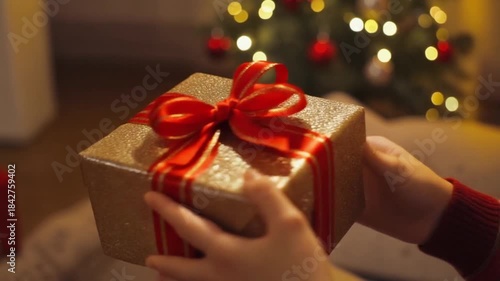 Young woman holding a festive red Christmas gift box with a gold ribbon and bow