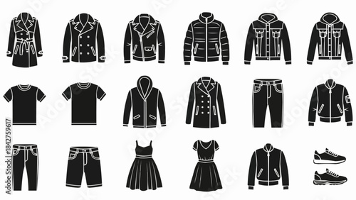 Collection of Black and White Fashion Clothing Icons for Men and Women.