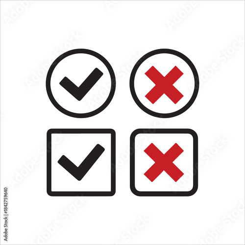 black check mark and red cross icon . Circle and square. Tick symbol , vector illustration.