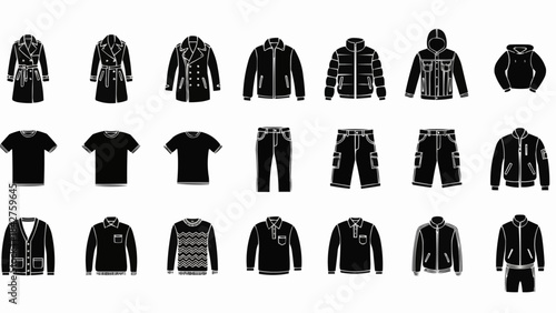 Collection of various black silhouette clothing items and apparel.