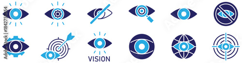 Observation and Vision Icons Set. Telescope, magnifier, CCTV camera, search, blind, visible and invisible icons. Editable stroke vector.