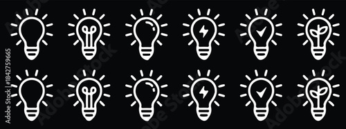 white light bulb icons set vector black background 