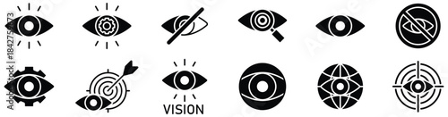 Vision Concept Outline Icon Collection. Eyesight, focus, accuracy, target, monitoring, and finding symbols in thin line style.