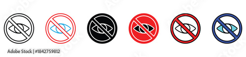 No Visibility and Blindness Icons Set. Prohibition Eye Symbols Representing Invisible, Privacy, and Restricted View