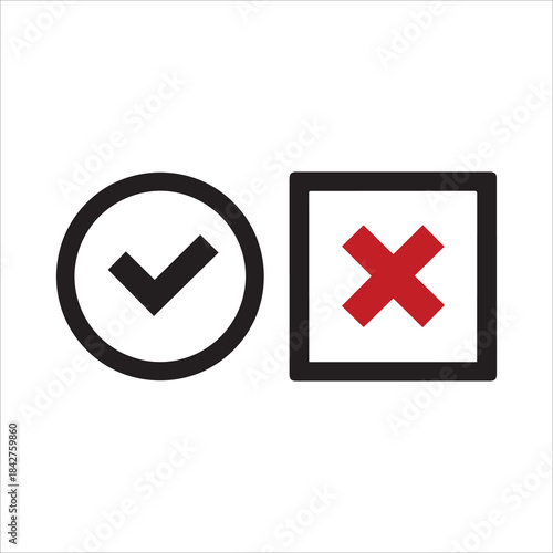 black check mark and red cross icon . Circle and square. Tick symbol , vector illustration.