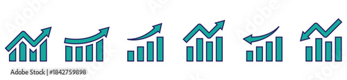 Chart Increase and Growth Icons Set. Rising graphs, progress bars, and success arrows for finance and business concepts. Vector illustration.