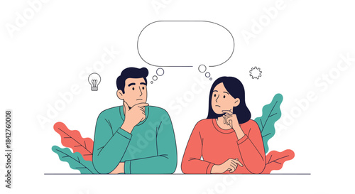 Thoughtful man and woman sitting together with hands on chins, depicting deep contemplation, problem-solving, or decision-making processes.