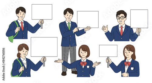 Collection of six Japanese high school students in uniforms, holding blank signs or gesturing, ready for educational announcements or messages.