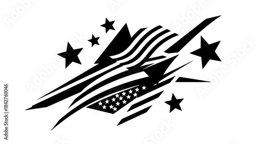 Vector illustration of American patriotic elements, bold stars and stripes design, abstract USA flag shapes, dynamic composition, clean lines, modern flat style, isolated on white background