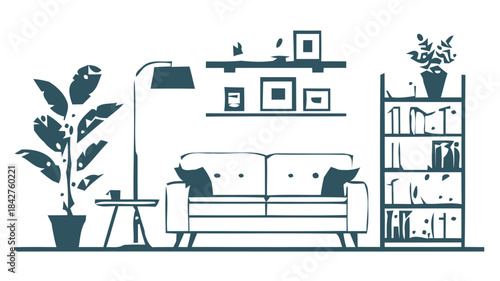Complete Living Room Layout Silhouette Set Featuring Sofa, Armchairs, Coffee Table and Decor for Interior Design Projects