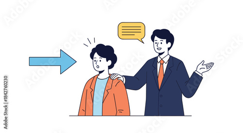 Businessman giving advice and guidance to another person with a supportive hand on the shoulder, indicating mentorship or helpful direction.