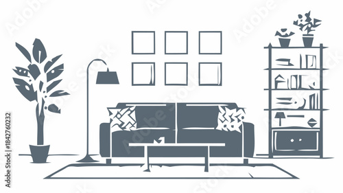 Complete Living Room Layout Silhouette Set Featuring Sofa, Armchairs, Coffee Table and Decor for Interior Design Projects