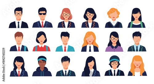 Collection of diverse male and female pixelated avatars in business and casual attire, representing various professionals, students, or user profiles.