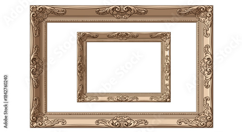 Two ornate, antique-style golden picture frames, one nested within the other, with blank spaces for displaying artworks or photographs.