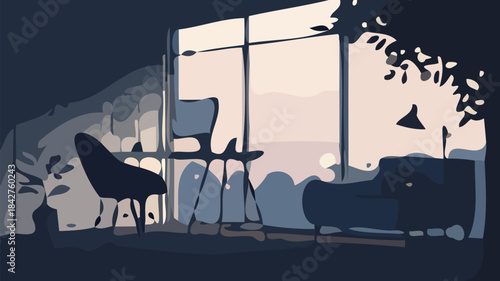 Stylish Home Office Corner in Living Room Silhouette Set with Desk, Chair and Shelving for Modern Work-from-Home Spaces