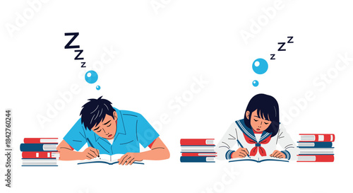 Exhausted male and female students sleeping while studying at desks surrounded by books, depicting academic burnout or severe lack of sleep.