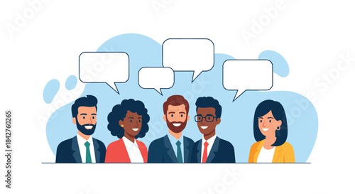 Diverse group of smiling business professionals with blank speech bubbles, ready for dialogue, brainstorming, or expressing different opinions.