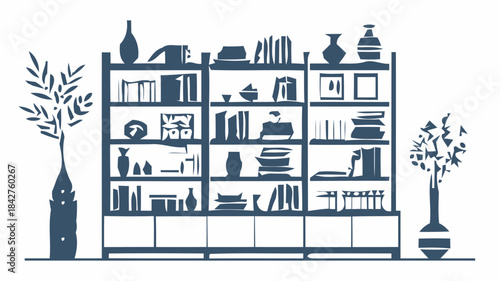Elegant Living Room Bookshelf Silhouette Set with Stacked Books and Decor for Modern Interior Concepts and Libraries