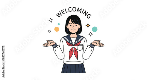 Japanese high school girl in a sailor uniform with an open gesture, welcoming, with "WELCOMING" text, symbolizing hospitality or an introduction.