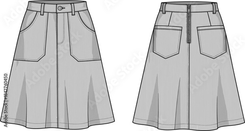A-line flared skirt flat sketch, pinstripe texture with belt loops, patch pockets and zipper fly, front and back fashion illustration