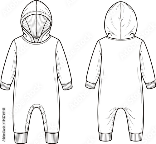 Baby hooded romper flat sketch, long sleeve infant garment, ribbed cuffs and snap closure detail, front and back technical illustration