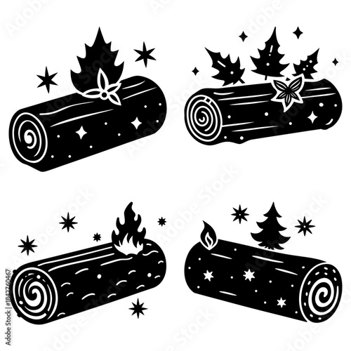 Four Logs with Flames and Stars on White Background fire sparkles