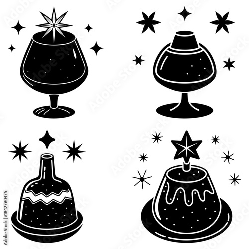 Four Chocolate Desserts with Stars and Sparkles on Transparent Background chocolate fondue chocolate cake