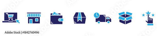 E-commerce Delivery Status Icons. Illustrated tracking steps for online orders, shipping progress, and courier delivery.