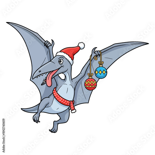 Cartoon pterodactyl wearing santa hat and scarf holding colorful hanging ornaments