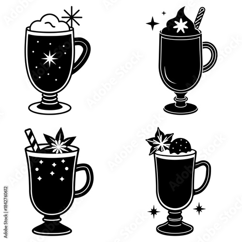 Four mugs of hot chocolate with stars and toppings on white background drink beverage