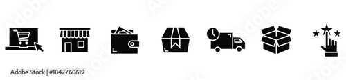 Online Shopping Delivery Process Icons. Order, packaging, shipping, tracking, and delivery stage illustrations.